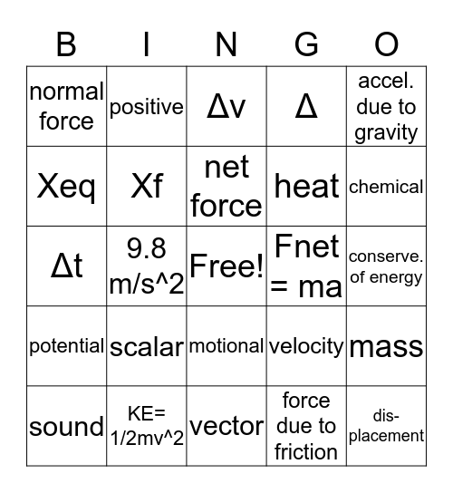 Motion in 1-D Bingo Card