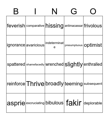 Vocabulary BINGO Card