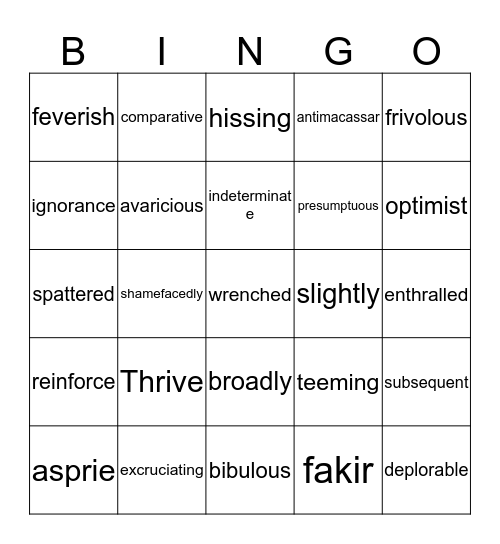 Vocabulary BINGO Card