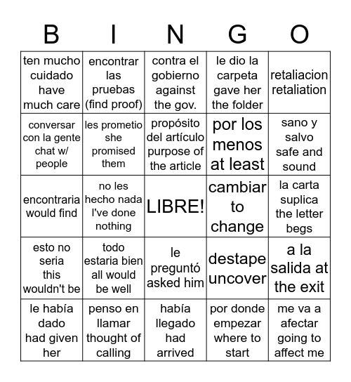 Guerra Sucia cap. 4 Bingo Card