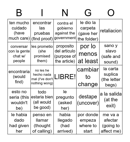 Guerra Sucio cap. 4 Bingo Card