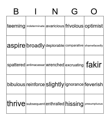 Vocabulary BINGO Card