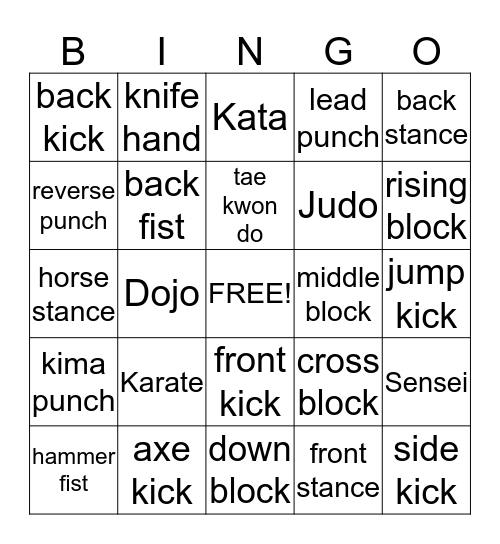 Karate Bingo Card