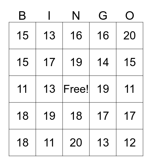 Teen Number Bingo Card