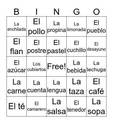 Resturante Bingo Card