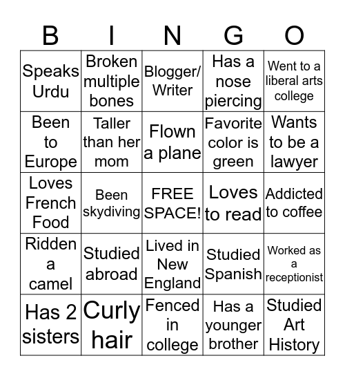 Hafsa's Bridal Shower Bingo Card