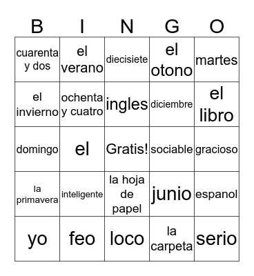 Spanish Bingo Card