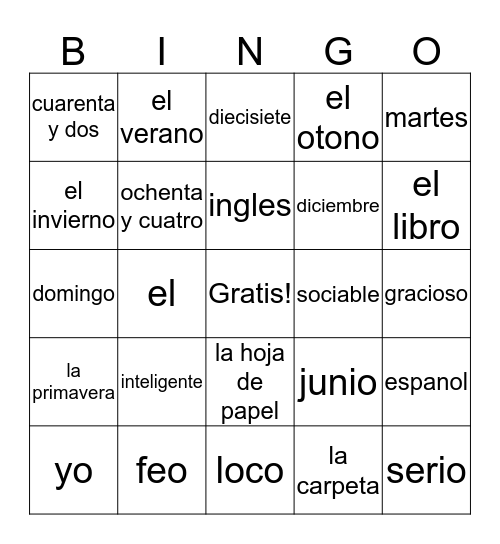 Spanish Bingo Card