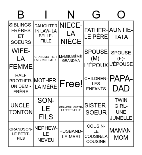 LA FAMILLE Bingo Card