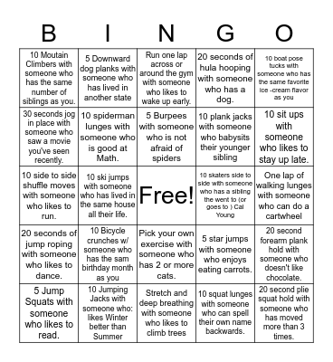 Fitness Getting to Know You Bingo Card