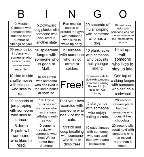 Fitness Getting to Know You Bingo Card