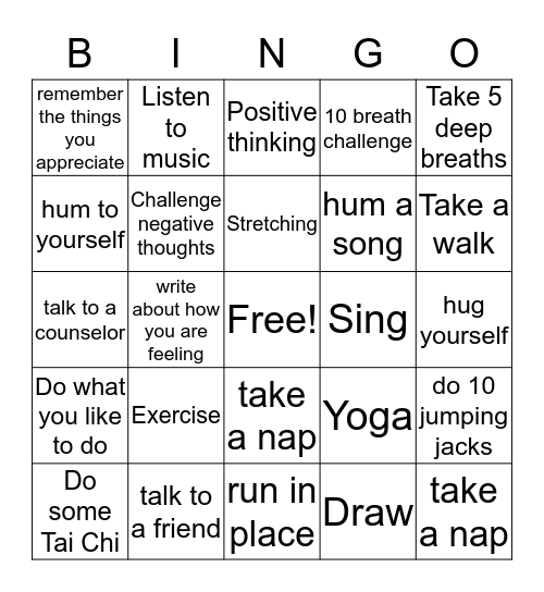 Anxiety Busters Bingo Card