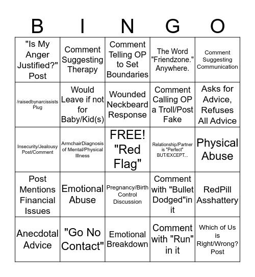 /r/Relationships Bingo Card