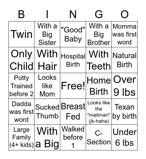 Baby Born Bingo Card