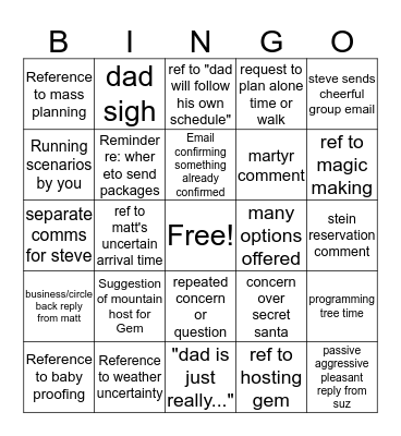 Pre-Trip Shenanigans Bingo Card