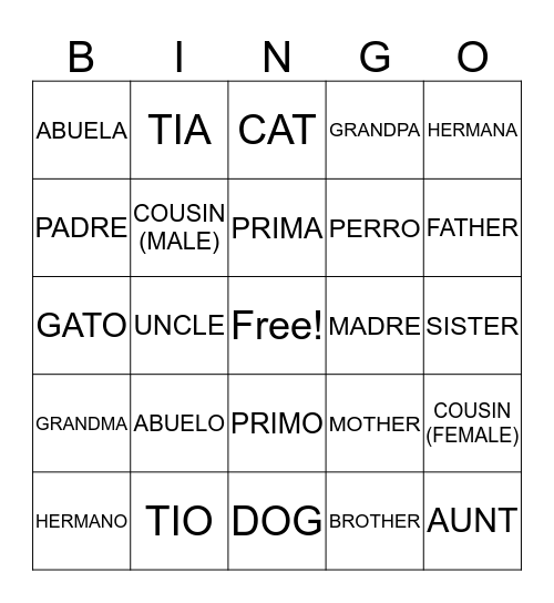 LA FAMILIA  Bingo Card