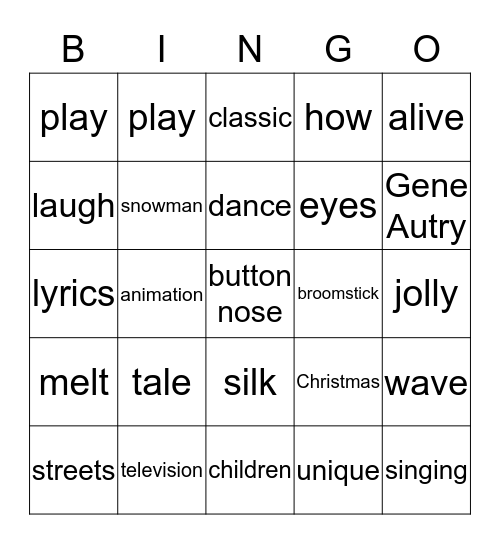 Frosty the Snowman Bingo Card