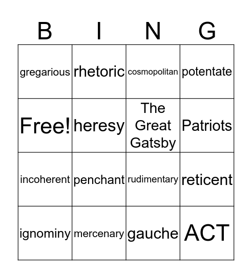 Vocab in Context Bingo Card