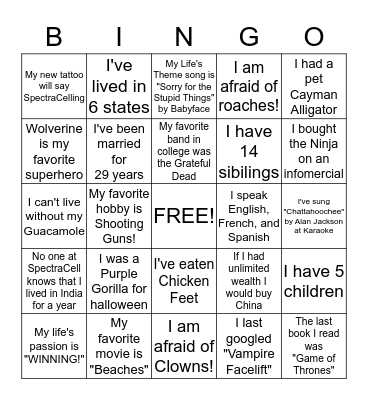 SpectraCell Bingo Card
