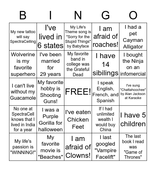 SpectraCell Bingo Card