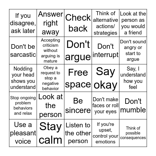 Social Skills Bingo Card