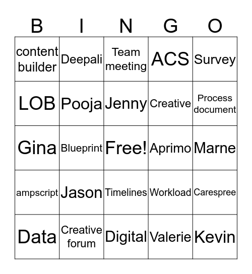 Digital team bingo Card