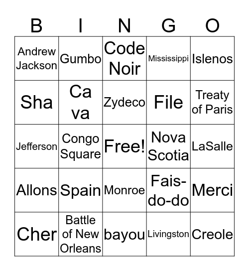 Cajun Bingo Card