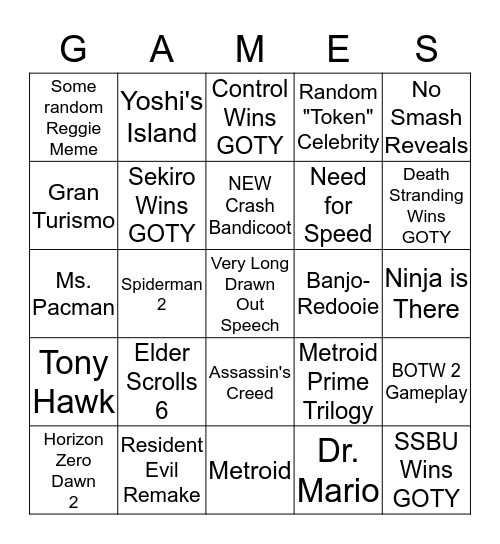 Game Awards 2019 Bingo Card