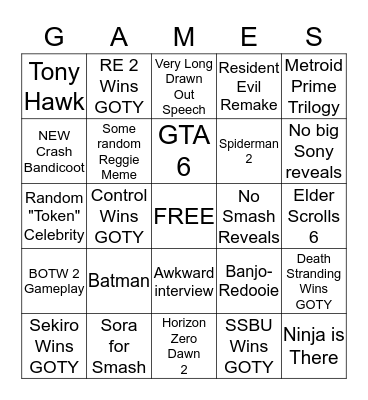 Game Awards 2019 Bingo Card