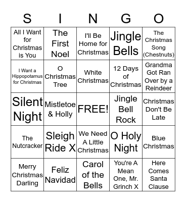 Holiday Singo Bingo Card