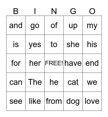 Sight Word Bingo Card