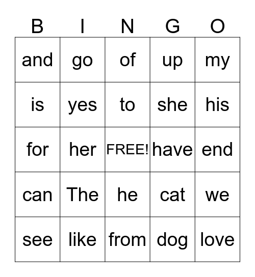 Sight Word Bingo Card