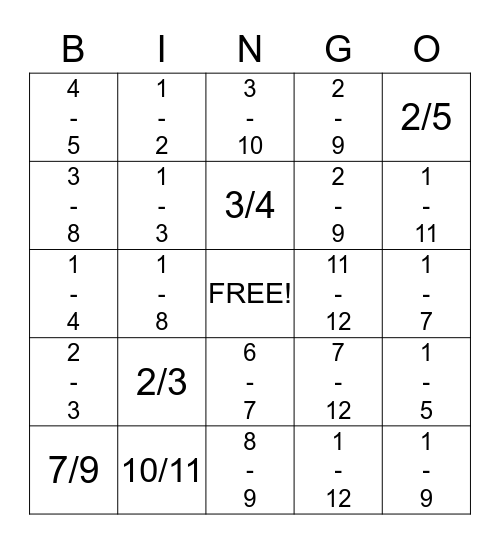 Fraction Bingo Card