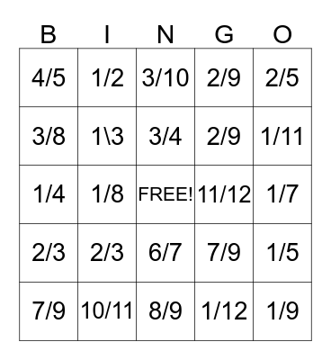 Fraction Bingo Card