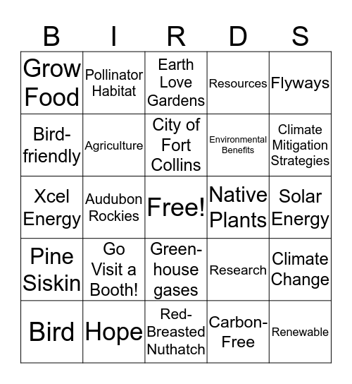 Bird-Friendly, Climate-Friendly Bingo Card