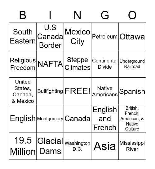 North America, Canada, & Mexico Bingo Card