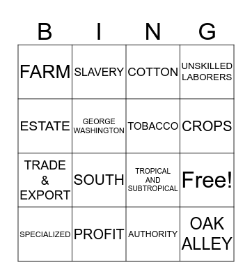 PLANTATION Bingo Card