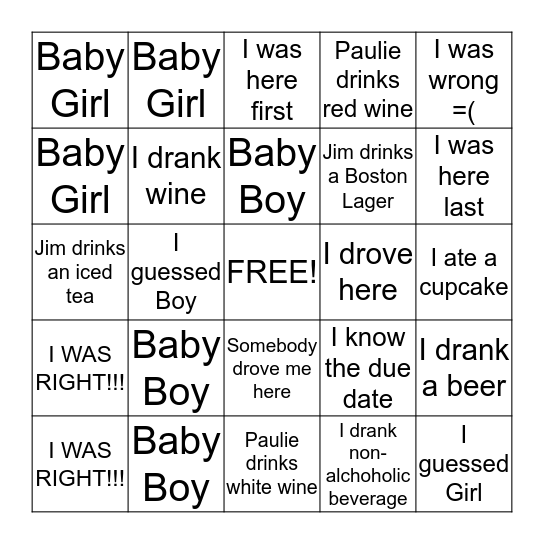 Gender Reveal Party Bingo Card