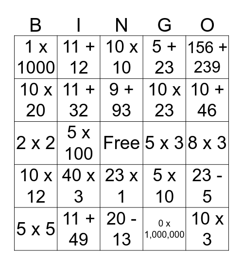 MATH BINGO  Bingo Card