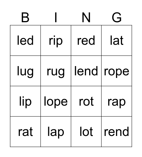 R & L Practice Bingo Card