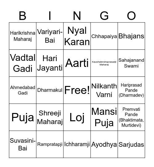 Swaminarayan Bingo Card