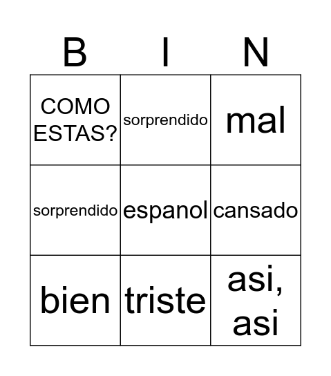 E M O C I O N E S Bingo Card