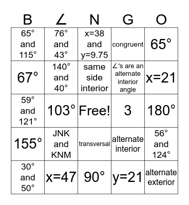 B∠NGO Bingo Card