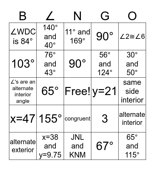 B∠NGO Bingo Card