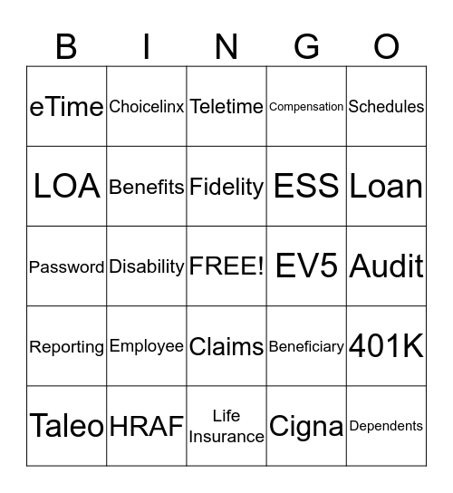 PCF Benefits/Comp Bingo Card