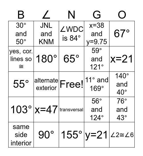 B∠NGO Bingo Card