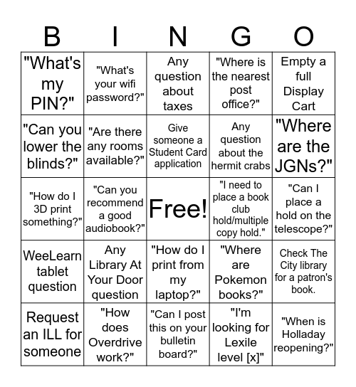 Reference Desk Bingo Card