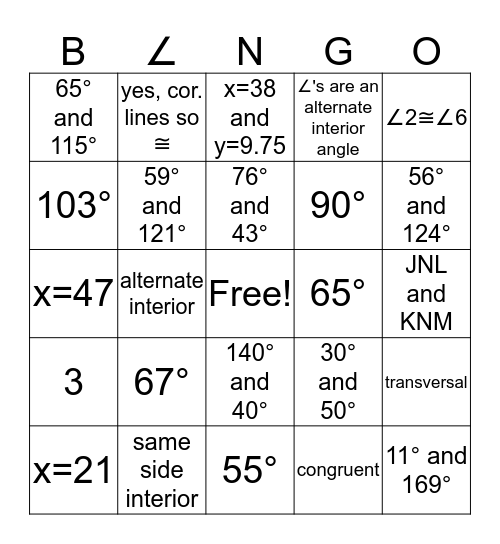 B∠NGO Bingo Card