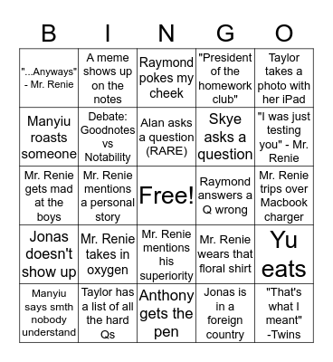 P RENIE'S MATHS CLASS BINGO Card