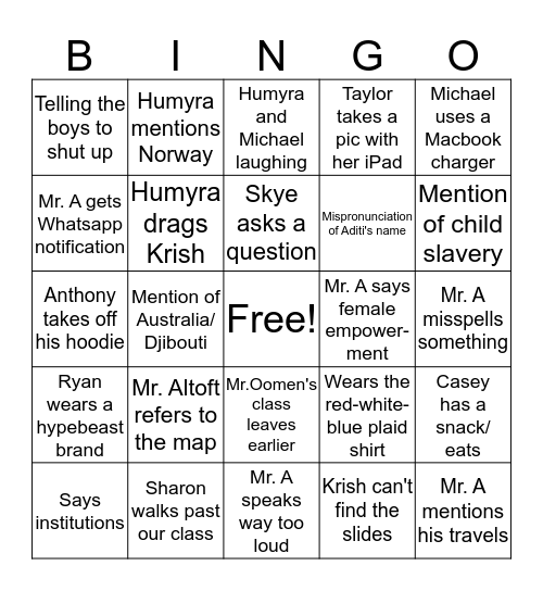 Mr Altoft's Economics Class Bingo Card